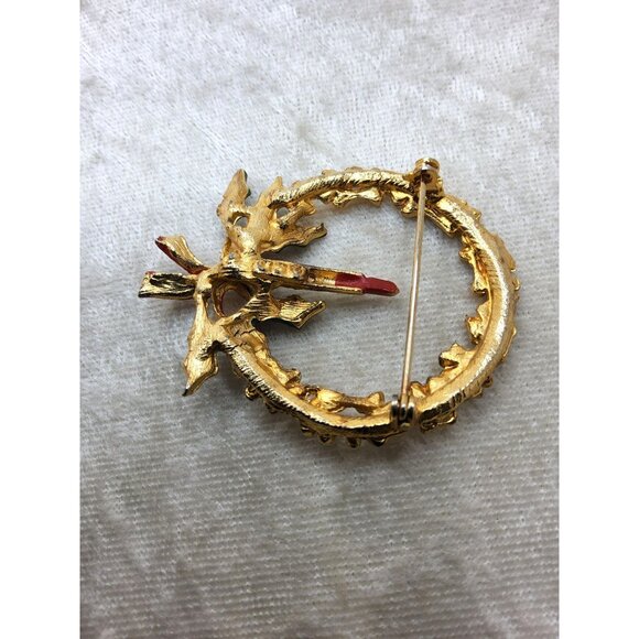 Vintage CS Marked Gold,Red,Green Gold Wreath W/Candle Brooch - Picture 4 of 4